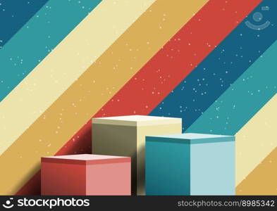3D realistic group of podium stand cube shape with diagonal stripes lines pattern backdrop retro style. You can use for mockup product presentation, showcase, showroom, gallery art present, etc. Vector illustration