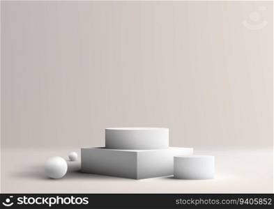 3D realistic group showcasing white balls on a clean podium stand, elegantly placed in a white studio room background. With its minimalistic approach and creative use of space. vector illustration 