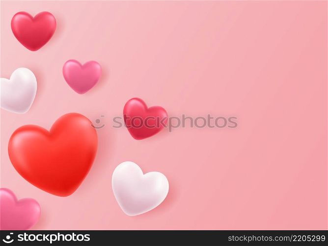 3D Realistic Heart Balloons Flying. 3D heart love postcard design for valentine with pink background. . Love concept for happy mother s day, valentine s day, birthday day. Vector illustration. 3D Realistic Heart Balloons Flying