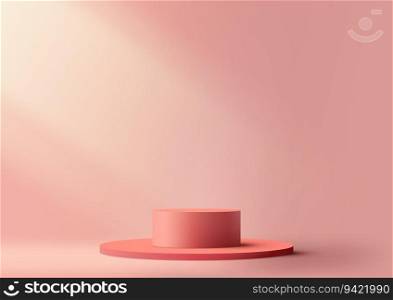 3D realistic illustration where red color podium steps take center stage. With a modern vector design, showcasing your products and creating eye-catching mockups. Set against a pink background with a captivating light beam.