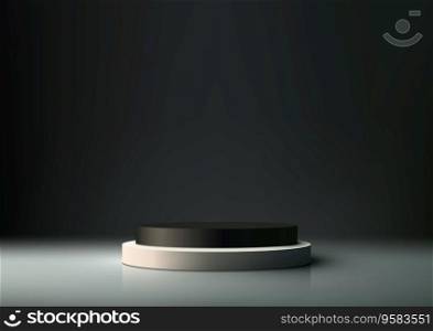 3D realistic image of a white and black empty podium stack on a dark wall background is perfect for product display mockups, presentations, and marketing materials. The natural lighting creates a subtle and elegant atmosphere. Vector illustration