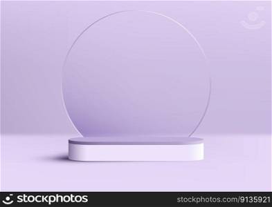 3D realistic luxury empty purple and white podium pedestal stand on purple background with circle transparent glass backdrop. You can use for product presentation, cosmetic display beauty mockup, showcase, etc. Vector illustration