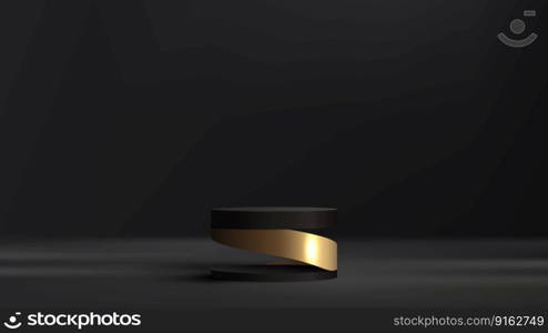 3D realistic luxury modern black and gold cylinder podium stand minimal wall scene dark background. Product display mockup for cosmetic, showroom, showcase, presentation, etc. Vector illustration