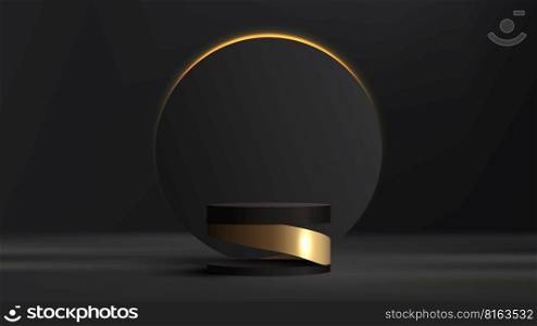 3D realistic luxury modern black and gold cylinder podium stand with gray circle and yellow neon lighting minimal wall scene dark background. Product display mockup for cosmetic, showroom, showcase, presentation, etc. Vector illustration