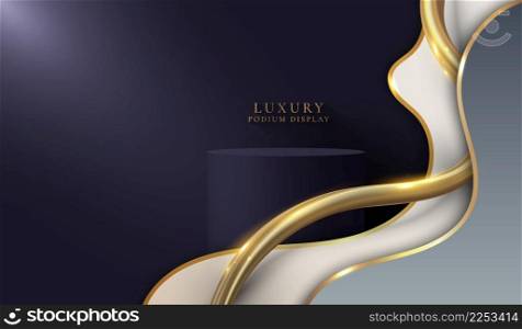 3D realistic luxury podium platforms display with white and grey wave shape and golden glitter curved line light sparking on on dark purple background. Vector graphic illustration