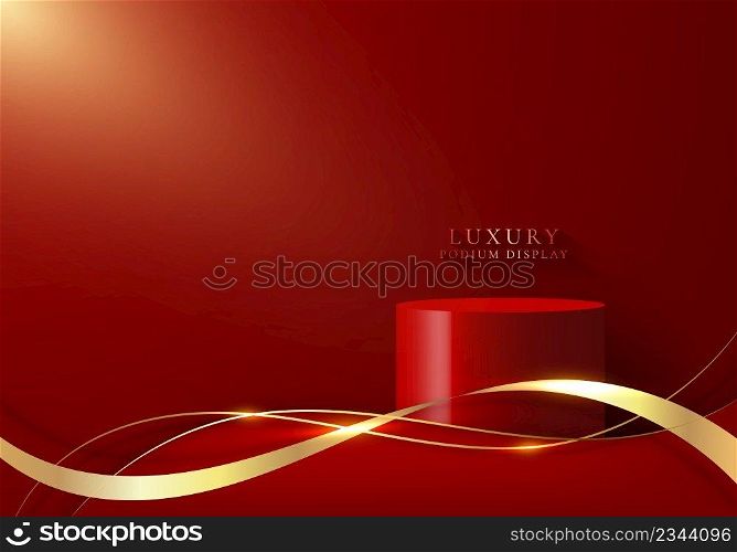 3D realistic luxury red podium platforms display with golden ribbon and wave line on red background. You can use for show cosmetic products, stage showcase studio room. Vector graphic illustration