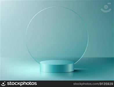 3D realistic luxury style blue turquoise cylinder podium stand with circle transparent glass backdrop product display minimal wall scene on blue background. You can use for cosmetic mockup presentation, promotion sale and marketing, etc, Vector illustration