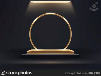3D realistic luxury style empty black and golden podium pedestal box stand with gold circle frame and ceiling ligh on minimal wall scene dark background. Product display mockup for cosmetic, showroom, showcase, presentation, etc. Vector illustration