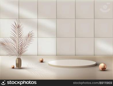3D realistic luxury style empty brown podium cylinder shape product display decoration with golden ball and gold vase, palm leaves on tile pattern background. You can use for cosmetic mockup presentation, beauty and spa promotion sale and marketing, etc, Vector illustration