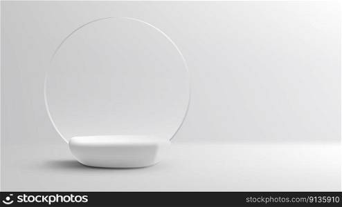 3D realistic luxury style empty stone white podium stand and circle transparent glass backdrop minimal wall scene on clean background. You can use for beauty and spa product presentation, cosmetic display mockup, showcase, etc. Vector illustration