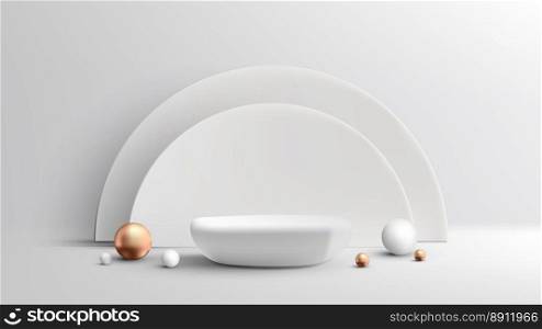 3D realistic luxury style empty stone white podium stand and semicircle backdrop decoration golden and white ball on clean background. You can use for beauty and spa product presentation, cosmetic display mockup, showcase, etc. Vector illustration