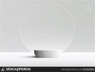 3D realistic luxury style empty white podium stand and circle transparent glass backdrop minimal wall scene on clean background. You can use for beauty and spa product presentation, cosmetic display mockup, showcase, etc. Vector illustration
