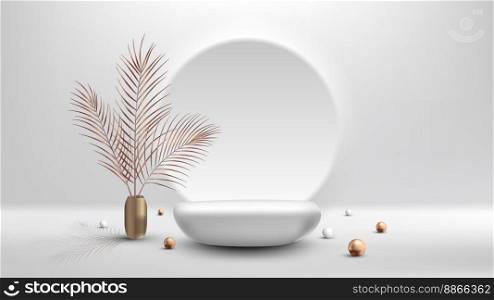 3D realistic luxury style empty white stone podium pedestal minimal wall scene circle backdrop decoration golden ball and gold vase, palm leaves on white background. You can use for product presentation, cosmetic display mockup, showcase, etc. Vector illustration