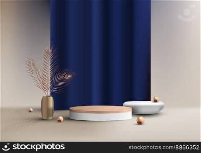 3D realistic luxury style empty wood grain top of white podium cylinder shape and stone product display with blue curtain backdrop decoration golden ball and gold vase, palm leaves on beige background. You can use for cosmetic mockup presentation, promotion sale and marketing, etc, Vector illustration