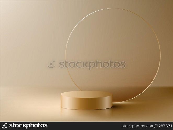 3D realistic luxury style golden cylinder podium stand with circle transparent glass backdrop product display minimal wall scene on gold background. You can use for cosmetic mockup presentation, promotion sale and marketing, etc, Vector illustration
