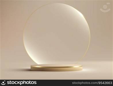 3D realistic luxury style golden podium platform with transparent glass circle backdrop on beige background. You can use for beauty cosmetic presentation, showcase mockup, showroom, product stand promotion, etc. Vector illustration