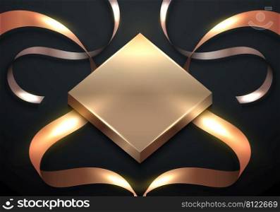 3D realistic luxury style golden square pedestal with ribbon curly elements decoration and lighting effect on black background. Vector graphic illustration