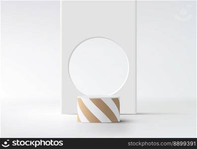 3D realistic luxury white podium cylinder platform stand with golden spiral stripes lines with white circle backdrop on clean background minimal style. Product display for cosmetic, showroom beauty spa, showcase, presentation, etc. Vector illustration