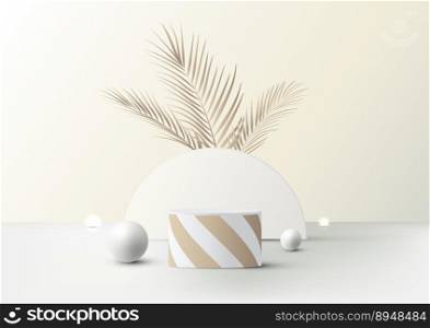 3D realistic luxury white podium cylinder platform stand with golden spiral stripes lines with white semicircle backdrop decoration sphere ball and palm leaves on clean background minimal style. Product display for cosmetic, showroom beauty spa, showcase, presentation, etc. Vector illustration