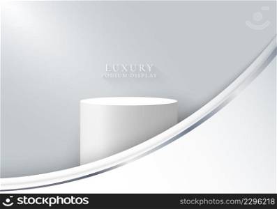 3D realistic luxury white podium platforms display with light and shadow abstract white curved shape with gray line on clean background. You can use for show cosmetic products, stage showcase studio room. Vector graphic illustration