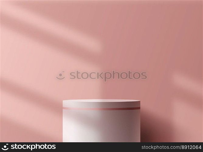 3D realistic luxury white podium stand pedestal with window lighting on pink background minimal style. You can use for valentine day products display presentation, cosmetic display mockup, showcase, etc. Vector illustration