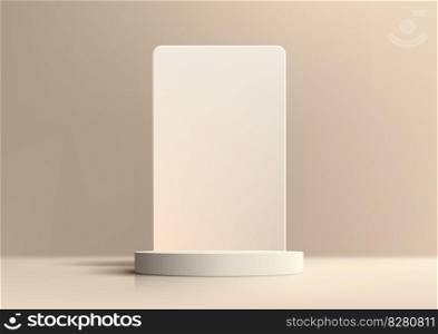 3D realistic minimal style empty white podium platform stand with geometric rectangle backdrop on minimal wall scene brown background and natural light. You can use for beauty cosmetic presentation, showcase mockup, showroom, product stand promotion, etc. Vector illustration