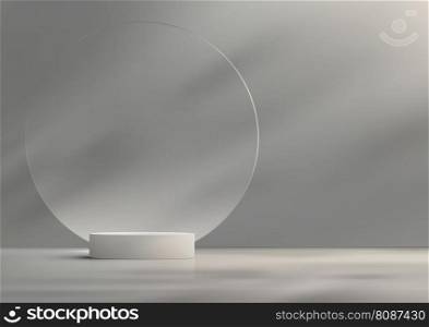 3D realistic minimal style empty white podium platform with transparent glass circle backdrop natural lighting on gray background. You can use for beauty cosmetic presentation, showcase mockup, showroom, product stand promotion, etc. Vector illustration