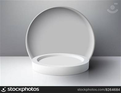 3D realistic mockup display empty white podium platform display with white circle backdrop on minimal wall scene gray background and natural light. You can use for beauty cosmetic presentation, showcase, showroom, product stand promotion, etc. Vector illustration