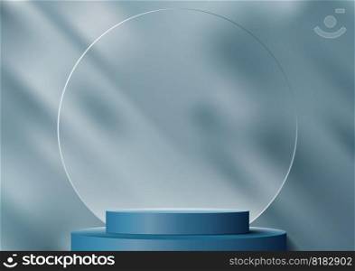 3D realistic modern empty blue cylinder podium stand product display with circle transparent glass backdrop and leaf shadow light blue background. You can use for cosmetic mockup presentation, promotion sale and marketing, etc, Vector illustration