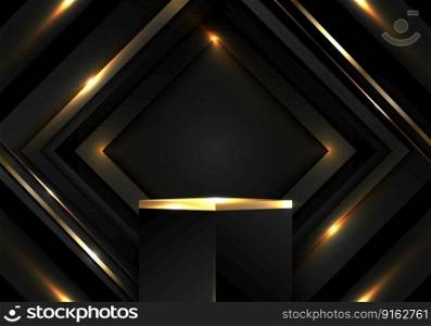 3D realistic modern luxury black and gold cube podium stand with abstract black geometric squares overlapping dark background with golden lines and lighting effect. Product display mockup for cosmetic, showroom, showcase, presentation, etc. Vector illustration