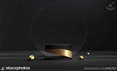 3D realistic modern luxury black cylinder podium stand and gold spiral with transparent glass circle backdrop decoration golden balls minimal wall scene on dark background. Product display mockup for cosmetic, showroom, showcase, presentation, etc. Vector illustration