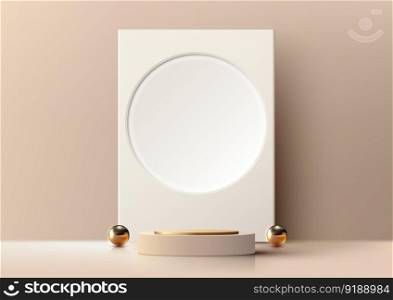 3D realistic modern luxury style empty beige and golden podium and white circle backdrop decoration with gold balls on brown background. You can use for product display presentation mockup, beauty cosmetic, showcase, etc. Vector illustration