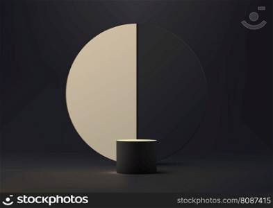 3D realistic modern luxury style empty black podium stand with black and gold circle backdrop minimal wall scene on dark background. You can use for beauty cosmetic presentation, showcase mockup, showroom, product display stand promotion, etc. Vector illustration