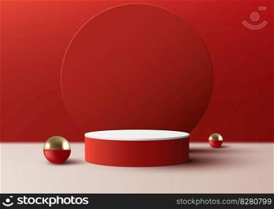 3D realistic modern luxury style empty red and white podium platform with circle backdrop and golden balls on red background and natural lighting. You can use for beauty cosmetic presentation, showcase mockup, showroom, product stand promotion, etc. Vector illustration