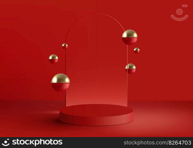 3D realistic modern luxury style empty red podium stand with transparency glass backdrop and golden balls elements on red background. You can use for beauty cosmetic presentation, showcase mockup, showroom, product stand promotion, etc. Vector illustration