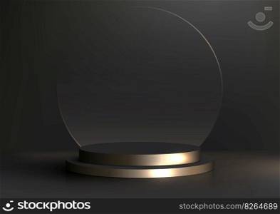 3D realistic modern luxury style gold black cylinder podium platform with transparent glass circle backdrop on dark background. You can use for beauty cosmetic presentation, showcase mockup, showroom, product display stand promotion, etc. Vector illustration