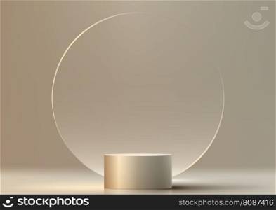 3D realistic modern luxury style shiny golden metallic podium stand with transparent glass circle backdrop minimal wall scene on clean background. You can use for beauty cosmetic presentation, showcase mockup, showroom, product stand promotion, etc. Vector illustration