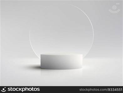 3D realistic modern luxury style white podium platform with transparent glass circle backdrop on white and gray background. You can use for beauty cosmetic presentation, showcase mockup, showroom, product stand promotion, etc. Vector illustration