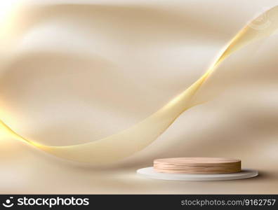 3D realistic modern luxury wood podium stand with abstract golden wave lines and lighting effect on fabric satin beige color background. Product display for cosmetic, showroom, showcase, presentation, etc. Vector illustration