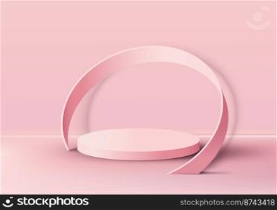 3D realistic modern minimal pink cylinder podium platform with pink circle whirl on pink scene background. Product display for cosmetic, showroom, showcase, presentation, etc. Vector illustration