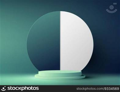 3D realistic modern minimal style empty blue podium stand with blue and white circle backdrop on blue background and natural lighting. Use for beauty cosmetic presentation, showcase mockup, showroom, product stand promotion, etc. Vector illustration