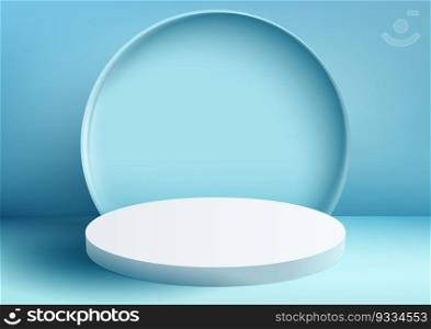 3D realistic modern minimal style empty white podium stand with blue circle backdrop on blue background and natural lighting. You can use for beauty cosmetic presentation, showcase mockup, showroom, product stand promotion, etc. Vector illustration