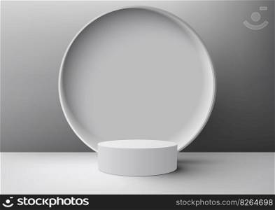 3D realistic modern minimal style empty white podium stand with white circle backdrop on gray background and natural lighting. You can use for beauty cosmetic presentation, showcase mockup, showroom, product stand promotion, etc. Vector illustration