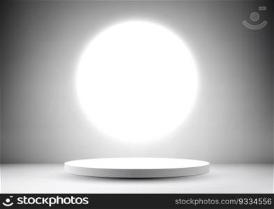 3D realistic modern minimal style empty white podium with glowing shine circle lighting backdrop on gray background. You can use for beauty cosmetic presentation, showcase mockup, showroom, product stand promotion, etc. Vector illustration