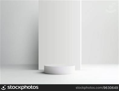 3D realistic modern minimal style white podium platform with geometric backdrop on white and gray background. You can use for beauty cosmetic presentation, showcase mockup, showroom, product stand promotion, etc. Vector illustration