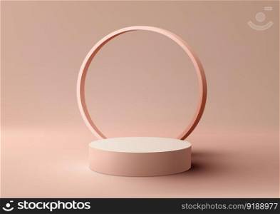 3D realistic modern sty≤bei≥podium stand withˆ≤frame backdrop on brown background. You can use for∏uct display presentation mockup, beauty cosmetic, showcase, etc. Vector illustration