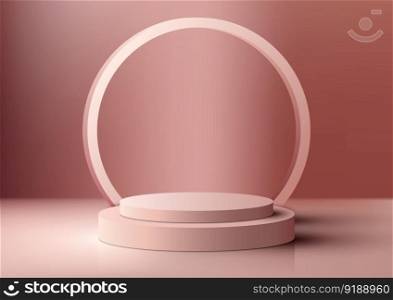 3D realistic modern style beige podium stand with circle frame backdrop on brown background. You can use for product display presentation mockup, beauty cosmetic, showcase, etc. Vector illustration