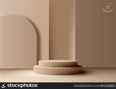 3D realistic modern style empty beige color podium stand with geometric rectangle backdrop on brown background and natural light. You can use for beauty cosmetic presentation, showcase mockup, showroom, product stand promotion, etc. Vector illustration