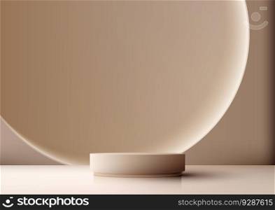 3D realistic modern style empty beige podium with circle backdrop on brown background. You can use for product display presentation mockup, beauty cosmetic, showcase, etc. Vector illustration