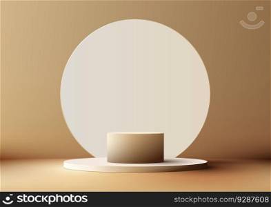 3D realistic modern style empty brown podium stand with white circle backdrop minimal wall scene on beige background. You can use for product display presentation, cosmetic display mockup, showcase, media banner, etc. Vector illustration